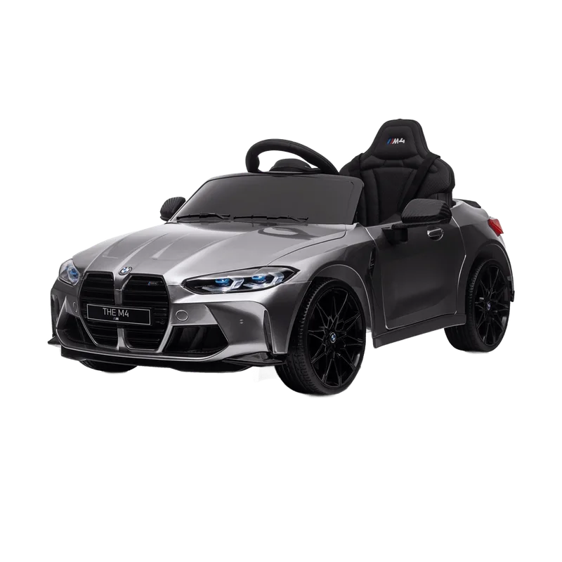 BMW M4 – metallic grijze kinderauto 12V met Bluetooth